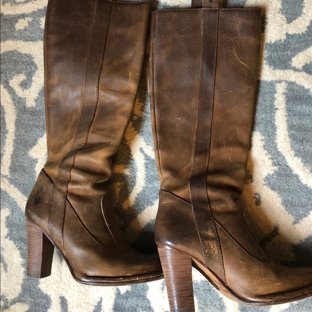Tall Frye All Leather Heeled Boots Cognaq